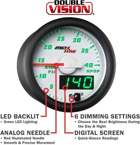 MaxTow Double Vision 4,000 PSI High Pressure Oil Pressure HPOP Gauge - Compatible with Power Stroke Diesel Engines 1994-2003 7.3L & 2003-2007 6.0L - White Gauge Face - Green LED Dial - 2-1/16" 52mm in Kuwait