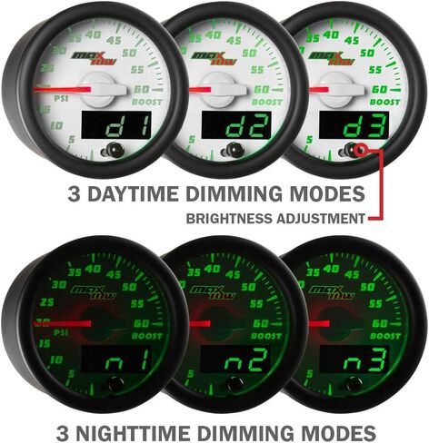 MaxTow Double Vision 4,000 PSI High Pressure Oil Pressure HPOP Gauge - Compatible with Power Stroke Diesel Engines 1994-2003 7.3L & 2003-2007 6.0L - White Gauge Face - Green LED Dial - 2-1/16" 52mm in Kuwait