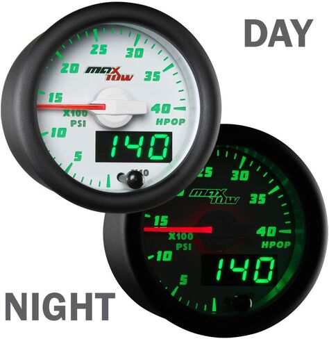 MaxTow Double Vision 4,000 PSI High Pressure Oil Pressure HPOP Gauge - Compatible with Power Stroke Diesel Engines 1994-2003 7.3L & 2003-2007 6.0L - White Gauge Face - Green LED Dial - 2-1/16" 52mm in Kuwait