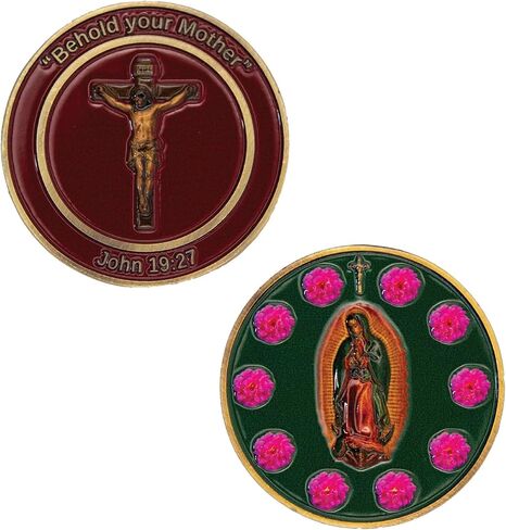 Catholic Rosary Challenge Coin, Religious Medallion with Holy Mary and Crucifix, in Saudi Arabia