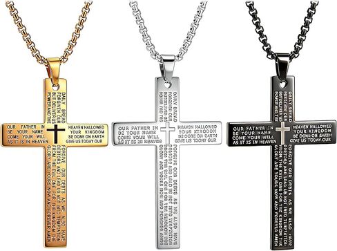 Three sets Steel Cross Necklace with Lord's Prayer, Stainless Steel, Silver, 24 Inches, Ball Chain,gift christian, Polished Finish, Military Theme, Religious Crucifix Pendan,fou gift box in Saudi Arabia
