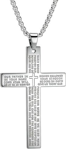 Three sets Steel Cross Necklace with Lord's Prayer, Stainless Steel, Silver, 24 Inches, Ball Chain,gift christian, Polished Finish, Military Theme, Religious Crucifix Pendan,fou gift box in Saudi Arabia