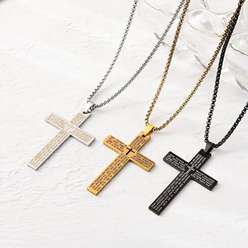 Three sets Steel Cross Necklace with Lord's Prayer, Stainless Steel, Silver, 24 Inches, Ball Chain,gift christian, Polished Finish, Military Theme, Religious Crucifix Pendan,fou gift box in Saudi Arabia