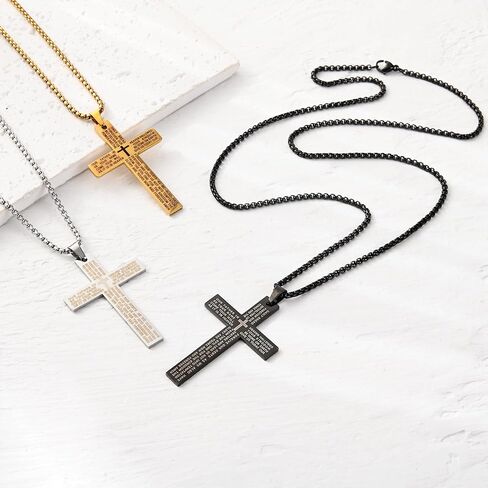 Three sets Steel Cross Necklace with Lord's Prayer, Stainless Steel, Silver, 24 Inches, Ball Chain,gift christian, Polished Finish, Military Theme, Religious Crucifix Pendan,fou gift box in Saudi Arabia