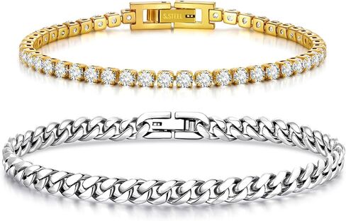 Valentines Day Gifts for Him | Matching Couple Cubic Zirconia Classic Tennis Bracelet | Cuban Chain Bracelets Gifts for Boyfriend Husband Soulmate Girlfriend Valentine for Him Her in Saudi Arabia