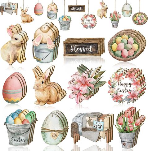 Wenqik 36 Pcs Spring Ornaments for Tree Spring Flower Tulip Wooded Decorations Easter Tree Decorations Farmhouse Hanging Sign for Holiday Easter Party Home Decoration(Butterfly) in Saudi Arabia