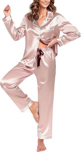 طقم بيجامات للنساء، طقم ملابس نوم من الساتان بأكمام طويلة وأزرار سفلية للنساء، قطعتين مع جيوب in Kuwait