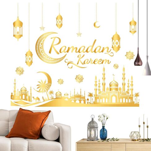 ديكورات رمضان للمنزل، ملصقات حائط رمضان كريم، ملصقات جدارية إسلامية إسلامية مع فانوس، تصميمات نجمة القمر، عيد مبارك، ديكور الحفلات العربية لغرفة المعيشة، نافذة غرفة النوم in Kuwait