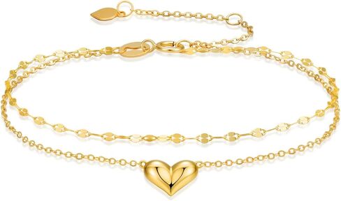 SISGEM Real 14k Gold Puff Heart Layered Anklet for Women, 14kt Gold Ankle Bracelets Gifts for Her, 8.6-10.2 Inches in Saudi Arabia