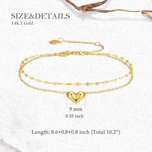 SISGEM Real 14k Gold Puff Heart Layered Anklet for Women, 14kt Gold Ankle Bracelets Gifts for Her, 8.6-10.2 Inches in Saudi Arabia