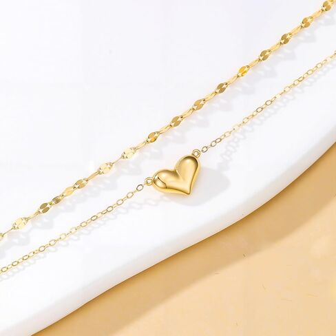SISGEM Real 14k Gold Puff Heart Layered Anklet for Women, 14kt Gold Ankle Bracelets Gifts for Her, 8.6-10.2 Inches in Saudi Arabia