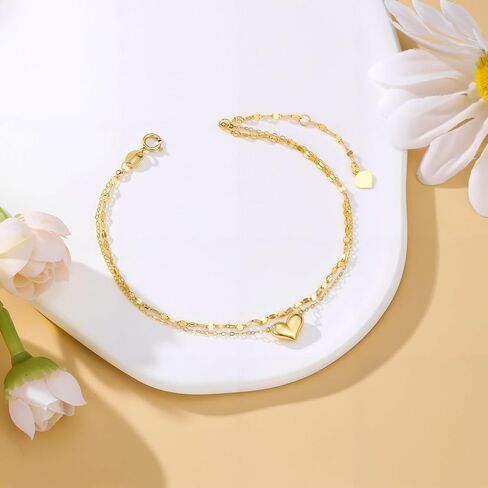 SISGEM Real 14k Gold Puff Heart Layered Anklet for Women, 14kt Gold Ankle Bracelets Gifts for Her, 8.6-10.2 Inches in Saudi Arabia
