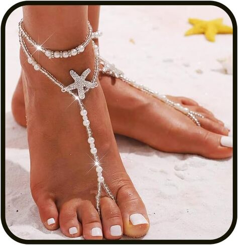 Ursumy Boho Beach Barefoot Sandals Beaded Foot Chain Starfish Anklets Ring Jewelry Wedding Ankle Bracelets for Women 2Pcs in Saudi Arabia