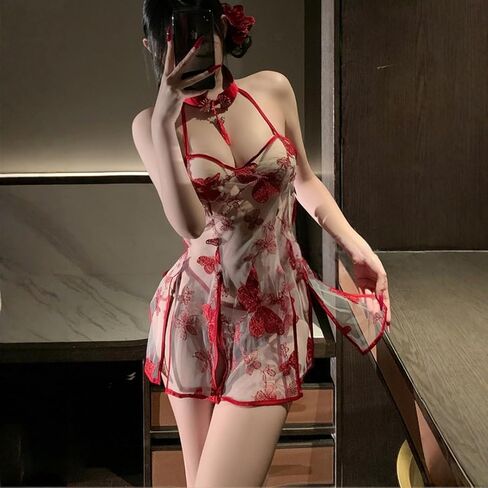 Sheer Mesh Cheongsam Lingerie Adjustable Lace-Up Bustier Embroidered Oriental Design For Intimate Evenings Romantic Boudoir in Saudi Arabia