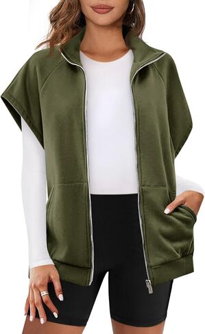 Fisoew Women's Zip Up Sweatshirts Sleeveless Oversized Casual Solid Color Sweatshirt with pockets in Saudi Arabia