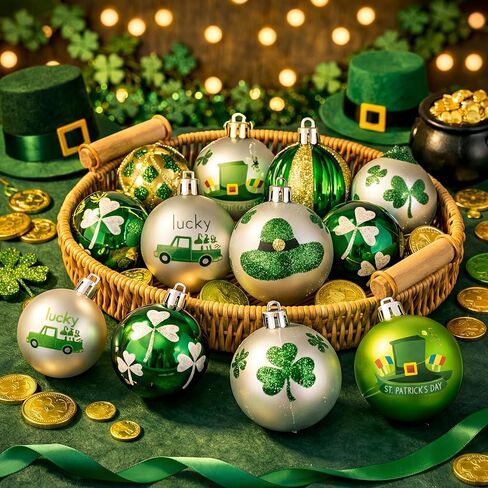 12 Pcs St. Patrick's Day Ornaments for Tree Green and Gold Shamrock Ball Ornaments St Patrick's Day Decorations Good Lucky Clover Irish Festival Decor for Tree Party Shelf Decor in Saudi Arabia
