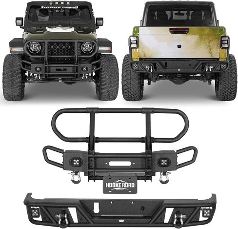 مجموعة المصد الأمامي والخلفي من Hooke Road Gladiator لسيارة Jeep Gladiator JT 2020-2026، مصدات فولاذية للطرق الوعرة مع واقي شبكي كامل الفرشاة، لوحة ونش، مصابيح LED، حلقات على شكل حرف D in Kuwait