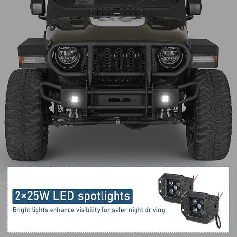 مجموعة المصد الأمامي والخلفي من Hooke Road Gladiator لسيارة Jeep Gladiator JT 2020-2026، مصدات فولاذية للطرق الوعرة مع واقي شبكي كامل الفرشاة، لوحة ونش، مصابيح LED، حلقات على شكل حرف D in Kuwait