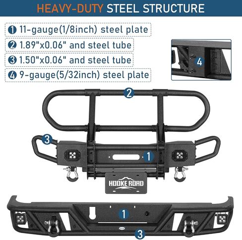 مجموعة المصد الأمامي والخلفي من Hooke Road Gladiator لسيارة Jeep Gladiator JT 2020-2026، مصدات فولاذية للطرق الوعرة مع واقي شبكي كامل الفرشاة، لوحة ونش، مصابيح LED، حلقات على شكل حرف D in Kuwait