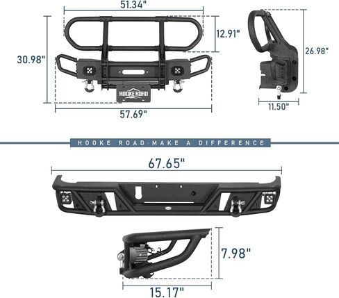 مجموعة المصد الأمامي والخلفي من Hooke Road Gladiator لسيارة Jeep Gladiator JT 2020-2026، مصدات فولاذية للطرق الوعرة مع واقي شبكي كامل الفرشاة، لوحة ونش، مصابيح LED، حلقات على شكل حرف D in Kuwait