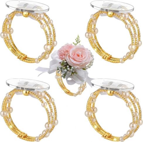 4 Pieces Corsage Bracelet Wrist Bands Bride Pearl Rhinestone Bracelet Elastic Wrist Corsage Bracelet DIY Wedding Wristband Faux Pearl Adjustable Wristband Corsage Accessory for Bridal Party Prom in Saudi Arabia