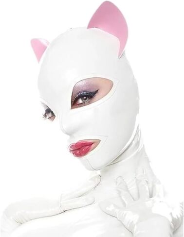 ABWL White Latex Mask with Cat Ears,Handmade Rubber Hooded Masks for Latex Club Wear in Saudi Arabia