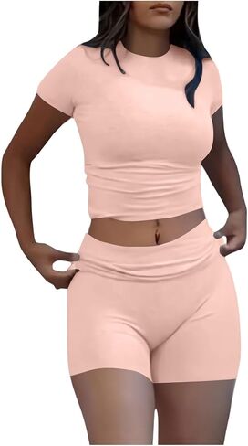 Womens 2 Piece Lounge Set Casual Summer Workout Set Comfy Soft Pajamas Set Short Sleeve Crop Top Shorts Matching Set in Saudi Arabia