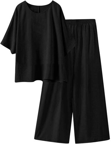 Linen Outfits for Women 2 Piece Plus Size Lounge Set Short Sleeve Tops and Wide Leg Pants Tracksuits Vacation Outfit in Saudi Arabia
