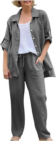 Vacation Outfits for Women 2 Piece Summer Cotton Linen Set Long Sleeve Shirts Wide Leg Pants Lounge Set for Travel in Saudi Arabia