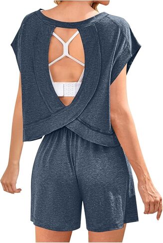 Womens Two Piece Workout Set Hallow Out Crop Tops and Wide Leg Shorts Gym Outfits Comfy Loose Pajamas Set Loungewear in Saudi Arabia