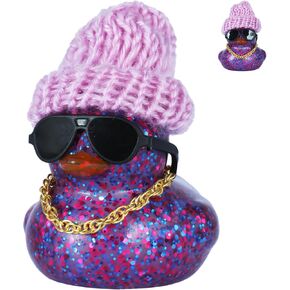 Purple Glitter Rubber Duck with Knit Hat, Black Sunglasses & Gold Necklace - Car Dashboard Decorations, Tiny Rubber Ducks for Stress Relief, DIY Assembly with Double-Sided Tape in Kuwait