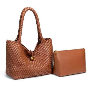 حقيبة يد كبيرة من الجلد المنسوج مع حقيبة مطابقة، وحقيبة كتف مضفرة باللون البني، طقم مكون من قطعتين in Kuwait