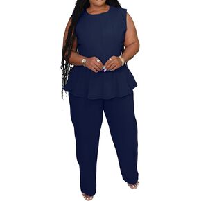 Womens Plus Size 2 Piece Outfits Pants Sets Summer Sleeveless Peplum Tank Tops Wide Leg Pant Suits Matching Sets in Saudi Arabia