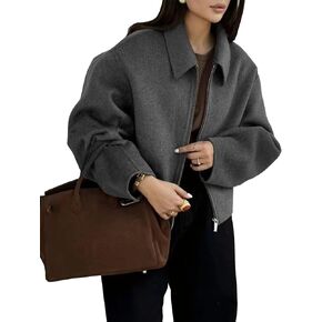 جاكيت نسائي من الصوف المقصوص للشتاء الدافئ من الصوف جاكيت بومبر بسحاب معاطف قصيرة مع جيوب (رمادي-S) in Kuwait