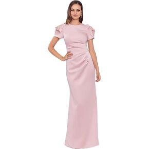 Xscape Women's Scuba Crew Neck Floral Sleeve Ruched Floor Length Dress in Kuwait