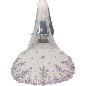 Unique Lilac Purple 3D Floral Bridal Veil with Pearls - Long Cathedral Wedding Veil with Comb Girls in Kuwait