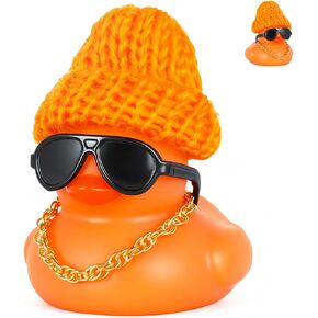 DIY Christmas Rubber Duck with Knit Hat, Glasses & Necklace - Orange Car Dashboard Decor, Squeaky Stress Relief Decorations for Car, Office in Kuwait