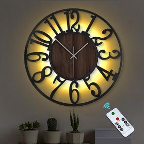 ساعة حائط كبيرة من LEIKE مقاس 24 بوصة ساعة خشبية ريفية مضاءة مع مؤقت عن بعد، ساعة حائط حديثة كبيرة الحجم تعمل بالبطارية الصامتة لغرفة المعيشة وغرفة النوم والمزرعة وديكور المنزل وعرض أرقام كبيرة in Kuwait