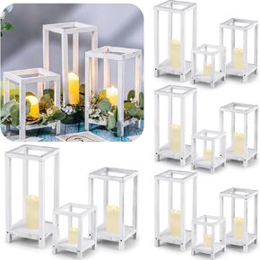 Sliner 12 Set Wedding Lantern Centerpiece Includes 12 Rustic Wooden Candle Lantern 12 Flameless LED Candle for Wedding Party Baby Shower Table Fireplace Farmhouse Home Decoration in Kuwait
