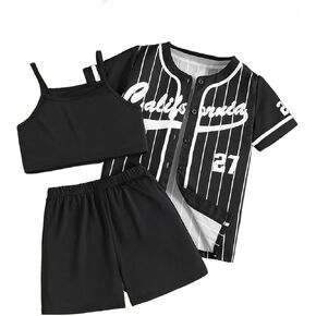 طقم ملابس رياضية للفتيات مكون من 3 قطع - سترة صوفية مخططة وقميص بدون أكمام وسروال قصير، طقم صيفي على طراز الشارع in Kuwait