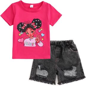 ملابس صيفية للفتيات الصغيرات تي شيرت مطبوع عليه شخصية فتاة لطيفة + شورت جينز ممزق مغسول قطعتين in Kuwait