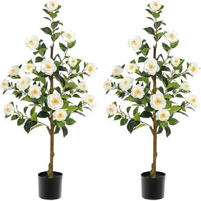 Artificial Camellia Tree 3.3 FT 2 Pack, Christmas Decor Fake Camellia Plant with Blooming Flowers&Natural Wood Trunk, Greenery Faux Potted Plant for Home Office Winter Indoor (White, 3.3FT) in Saudi Arabia
