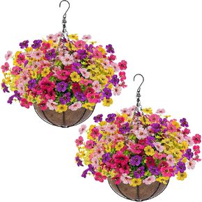 2 Sets Artificial Hanging Plants Flowers Basket Outdoor, Fake Hanging Plants Set of 2 Includes 24 Pcs Flowers for Porch, Patio, Garden, Home Decor in Spring Summer (Red, Purple, Yellow, Rose Red) in Kuwait