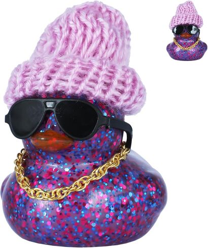 Purple Glitter Rubber Duck with Knit Hat, Black Sunglasses & Gold Necklace - Car Dashboard Decorations, Tiny Rubber Ducks for Stress Relief, DIY Assembly with Double-Sided Tape in Kuwait