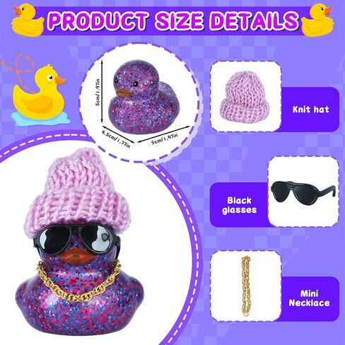 Purple Glitter Rubber Duck with Knit Hat, Black Sunglasses & Gold Necklace - Car Dashboard Decorations, Tiny Rubber Ducks for Stress Relief, DIY Assembly with Double-Sided Tape in Kuwait