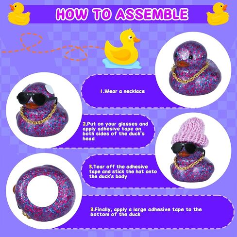 Purple Glitter Rubber Duck with Knit Hat, Black Sunglasses & Gold Necklace - Car Dashboard Decorations, Tiny Rubber Ducks for Stress Relief, DIY Assembly with Double-Sided Tape in Kuwait