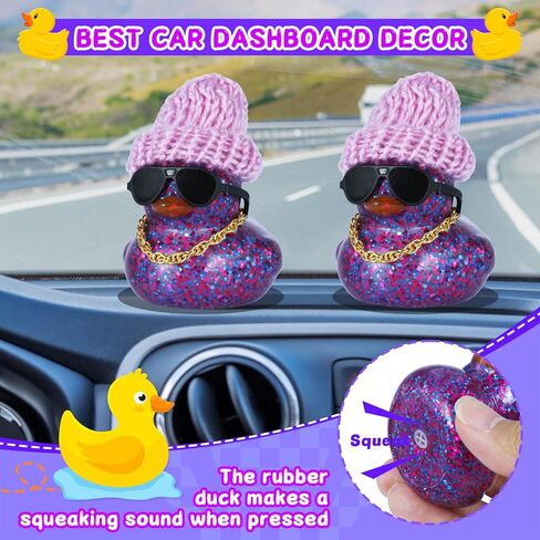 Purple Glitter Rubber Duck with Knit Hat, Black Sunglasses & Gold Necklace - Car Dashboard Decorations, Tiny Rubber Ducks for Stress Relief, DIY Assembly with Double-Sided Tape in Kuwait