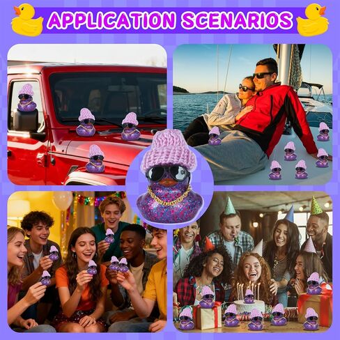 Purple Glitter Rubber Duck with Knit Hat, Black Sunglasses & Gold Necklace - Car Dashboard Decorations, Tiny Rubber Ducks for Stress Relief, DIY Assembly with Double-Sided Tape in Kuwait