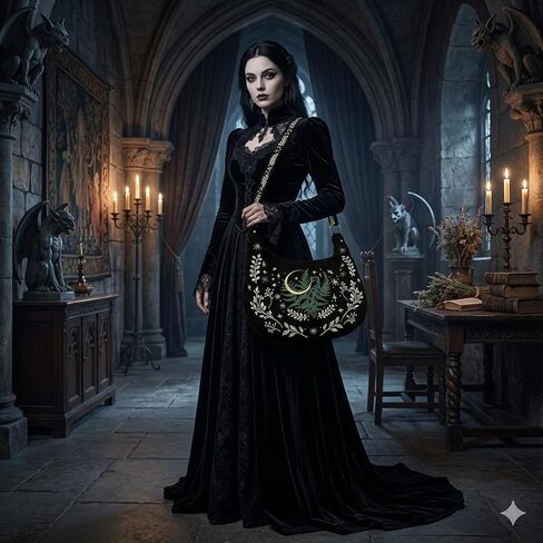 Crescent Shoulder Bags for Women – Cute Gothic Hobo Tote Handbag with Moon & Star Embroidery, Crossbody Purses in Kuwait