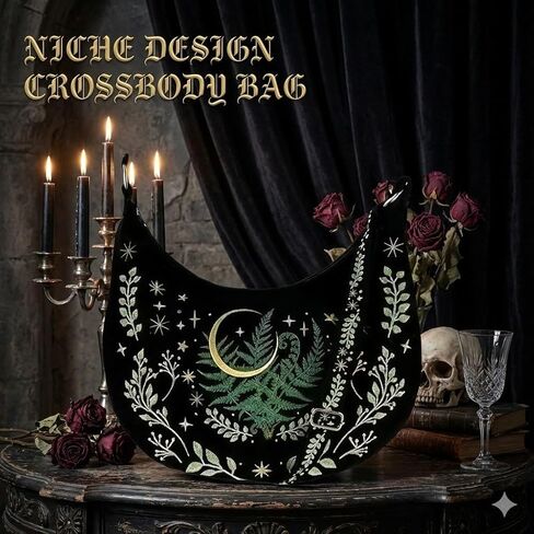 Crescent Shoulder Bags for Women – Cute Gothic Hobo Tote Handbag with Moon & Star Embroidery, Crossbody Purses in Kuwait